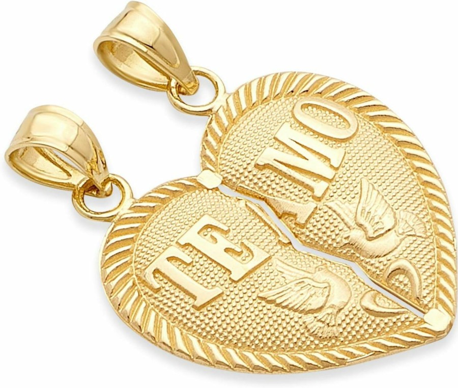 Hot The World Jewelry Center 14K Real Yellow Gold Samll \"Teamo\" Couple Broken Heart Charm Pendant