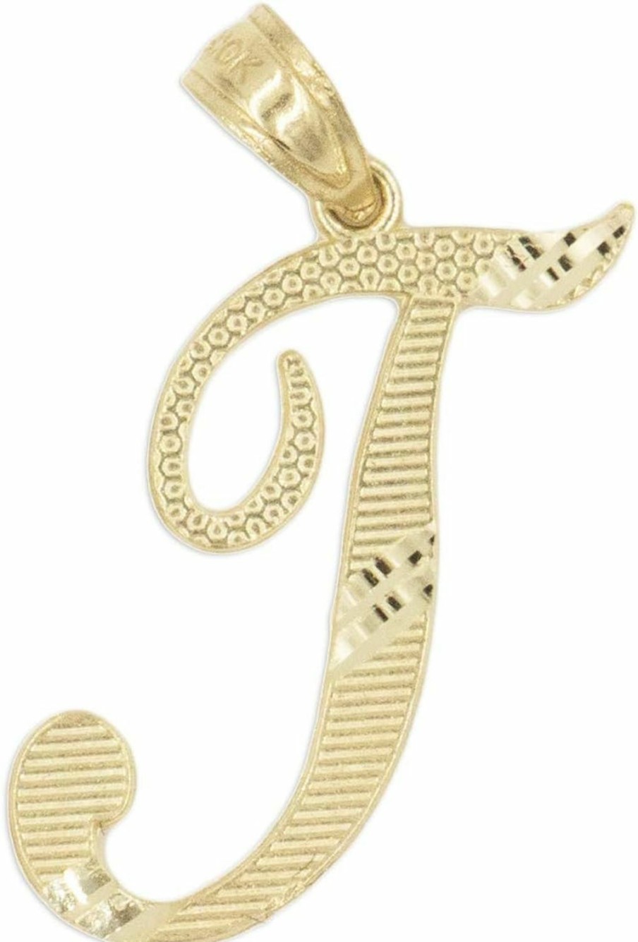 Hot Ice on Fire Jewelry Ice On Fire Jewelry 14K Solid Real Gold Cursive Initial Pendant, English Alpahbet A-Z Letter Charm With Diamond Cut (T)