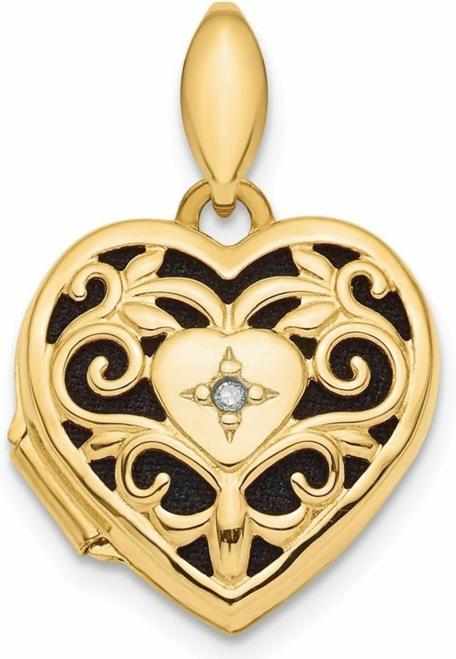 Clearance Diamond2Deal Diamond2Deal 14K Yellow Gold 15Mm Polished Filigree Diamond Accent Heart Locket Pendant