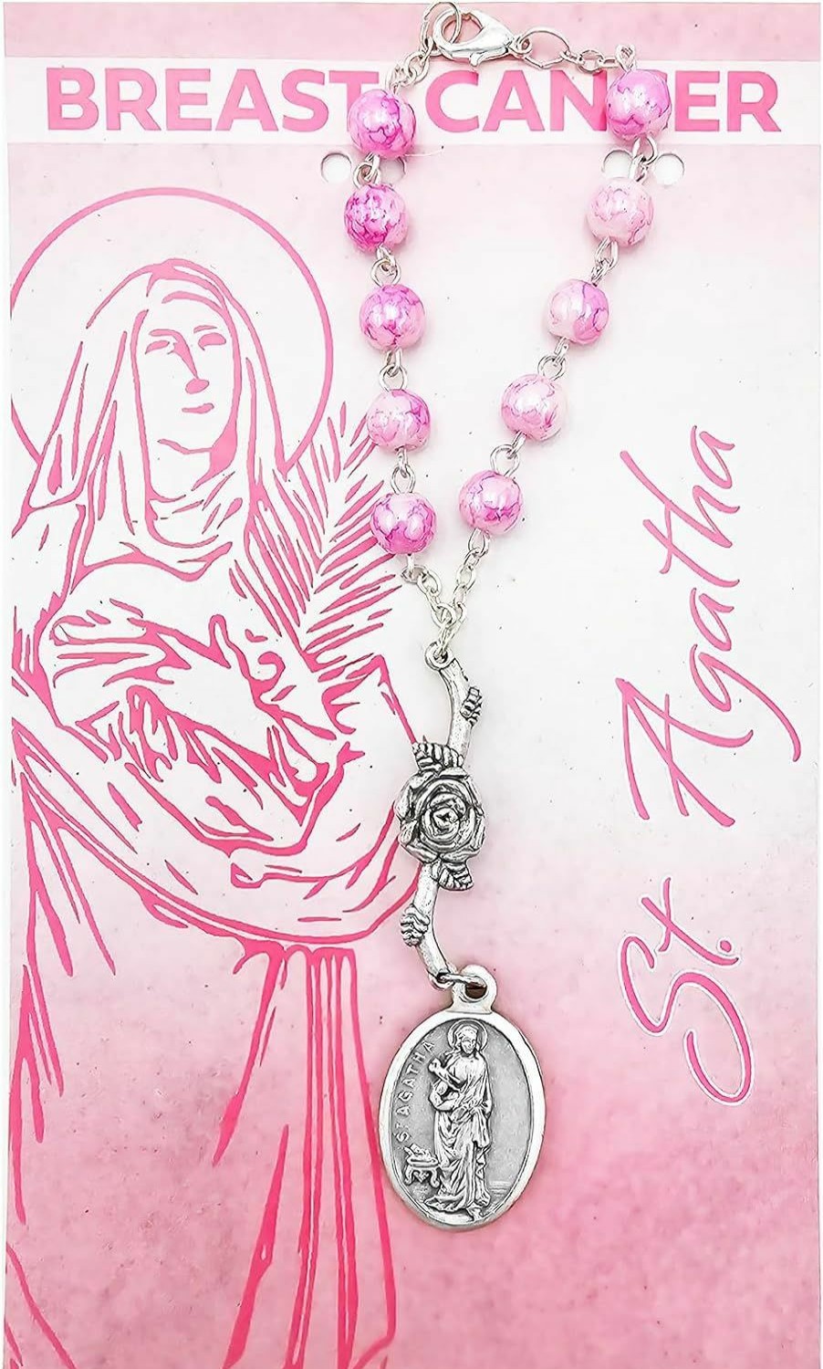 Online Rosemarie's Religious Gifts Rosemarie'S Religious Gifts Uplifting Blessings One Decade Pink Saint Rosary And Pray Card, St Agatha Breast Cancer