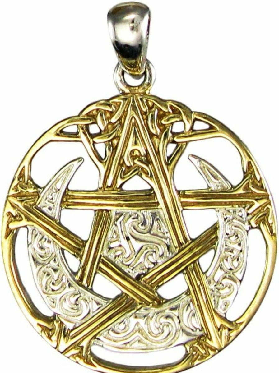 Hot Dryad Design Sterling Silver 14K Gold Plated Cut Out Moon Pentacle Pentagram Pendant