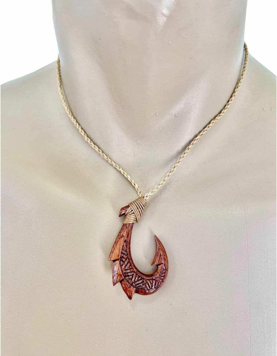 Hot Hawaiian Heirloom Jewelry Hawaiian Jewelry Koa Wood Hand Carved Fish Hook Necklace From Maui, Hawaii