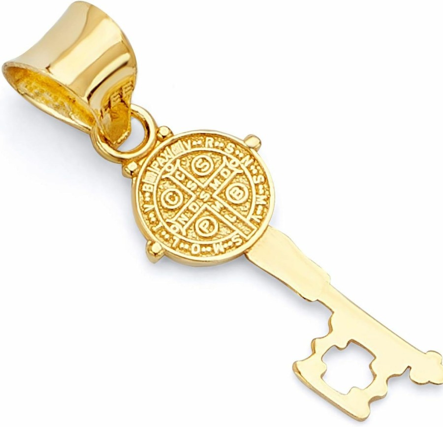 New The World Jewelry Center 14K Real Yellow Gold Religious Key Saint Benito Charm Pendant