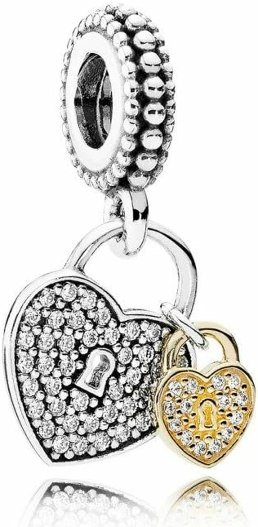 Clearance AC Double Heart Shaped Love Locks Rose Gold Plated 925 Sterling Sliver Crystal Pave Pendant Charm (Silver)