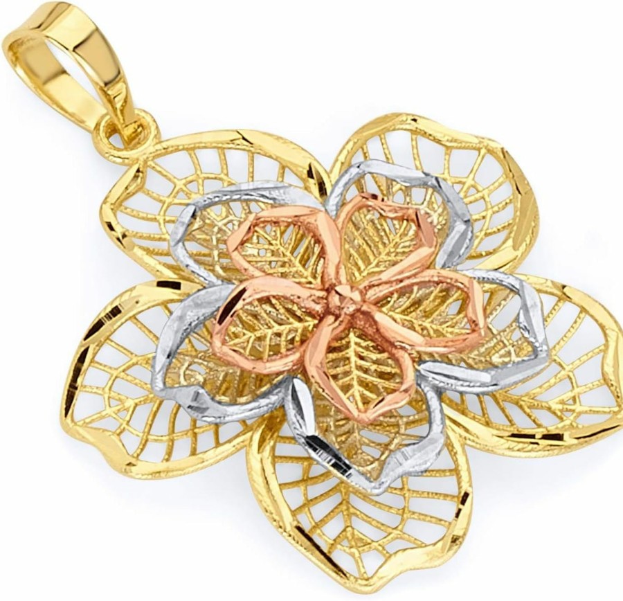 Hot The World Jewelry Center 14K Real Tri Color Gold Filigree Flower Charm Pendant (Size : 26 X 23 Mm)