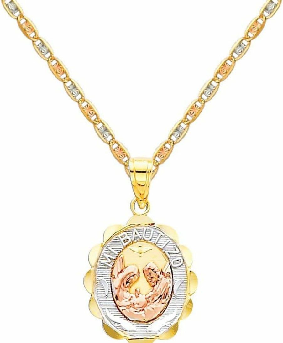 Clearance The World Jewelry Center The World Jewelry Center 14K Tri-Color Gold Religious Baptism Pendant With 1.5Mm Valentino Diamond Cut Chain Necklace