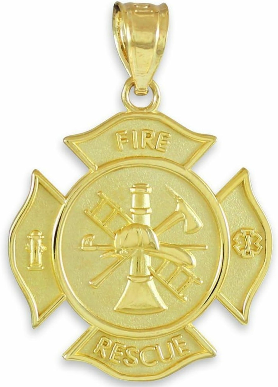 Best Claddagh Gold American Heroes Solid 14K Yellow Gold Fd Medal-Style Badge Rescue Firefighter Pendant