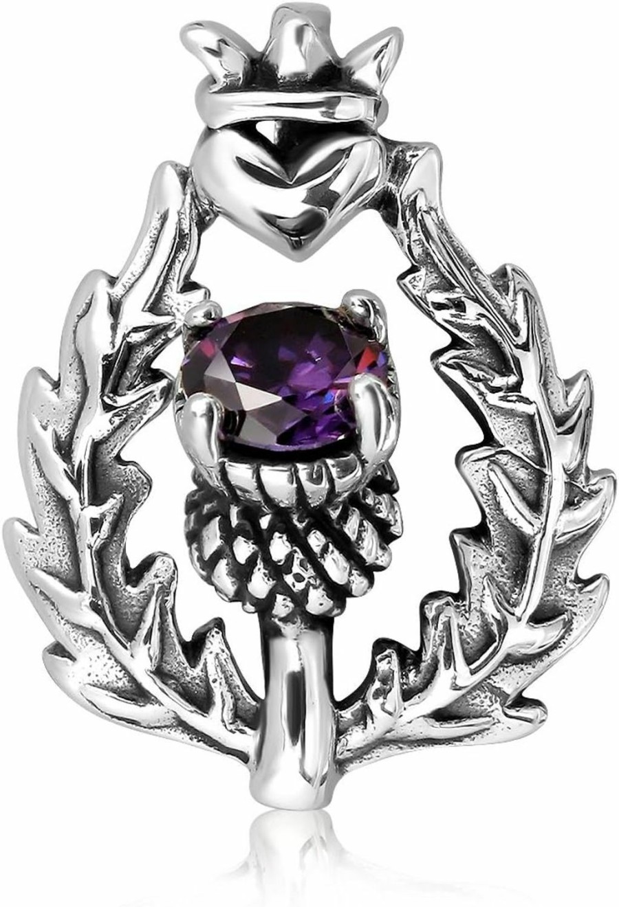 Hot W | S WITHLOVE SILVER Withlovesilver 925 Sterling Silver Scottish Style Thistle Heart Round Simulated Purple Cubic Zirconia Pendant