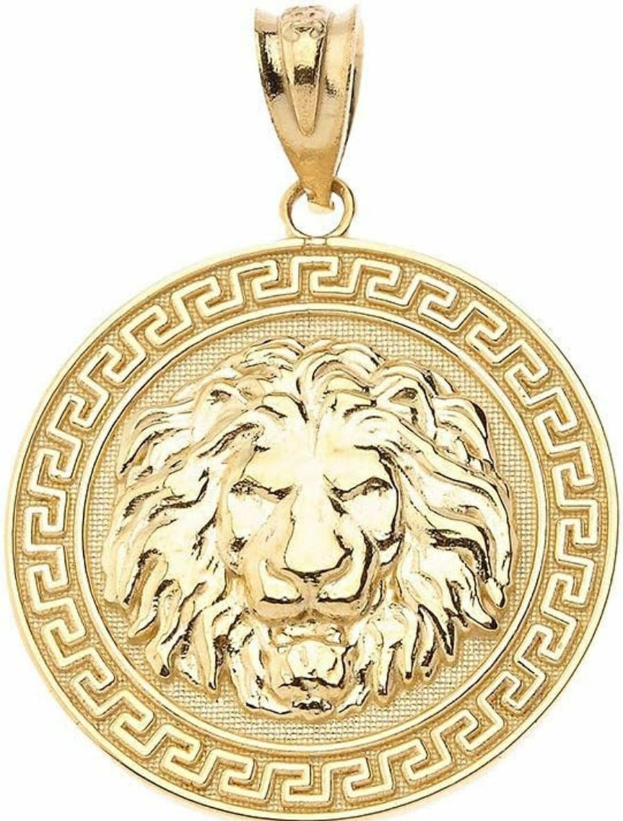 Best CaliRoseJewelry .925 Sterling Silver, 10K Or 14K Yellow Gold Lion Head Greek Key Round Medal Animal Charm Pendant - Choice Of Metal