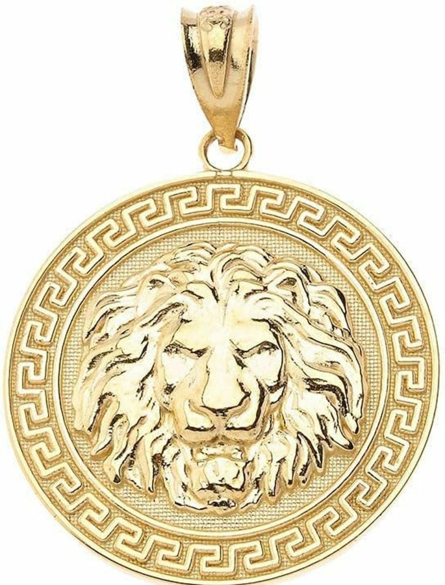 Best CaliRoseJewelry .925 Sterling Silver, 10K Or 14K Yellow Gold Lion Head Greek Key Round Medal Animal Charm Pendant - Choice Of Metal