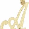 Hot Ice on Fire Jewelry Ice On Fire Jewelry 14K Solid Real Gold Cursive Initial Pendant, English Alpahbet A-Z Letter Charm With Diamond Cut (A)