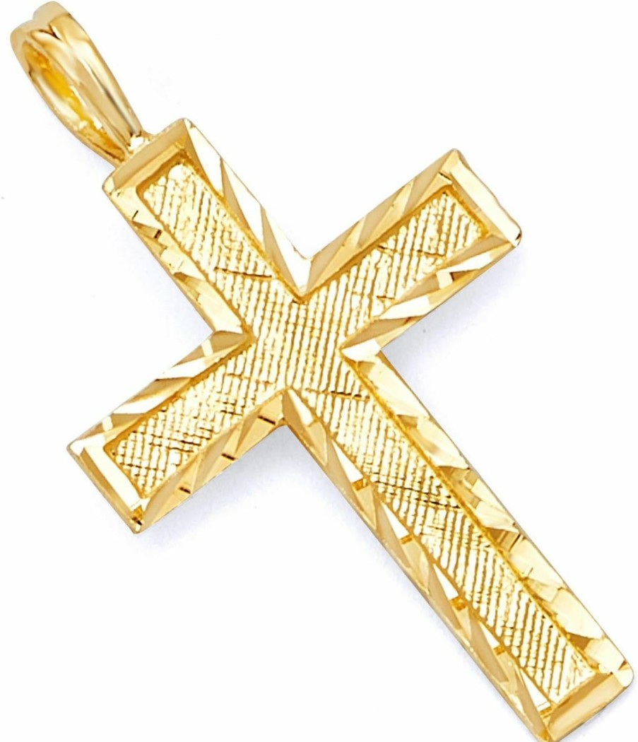 New The World Jewelry Center 14K Real Yellow Gold Religious Diamond Cut Cross Charm Pendant