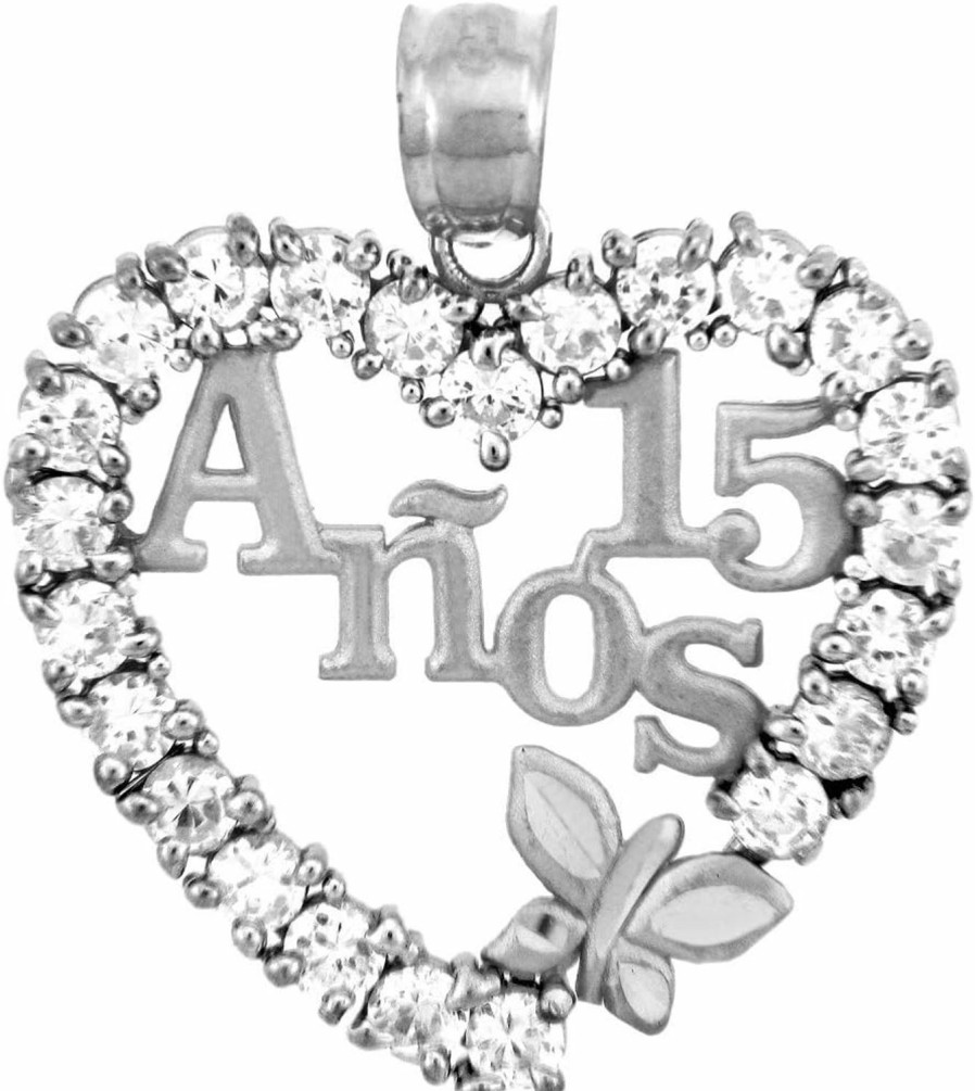 Online Claddagh Gold Sterling Silver Sweet 15 Anos Quinceanera Pendant With Cubic Zirconia Heart With Butterfly