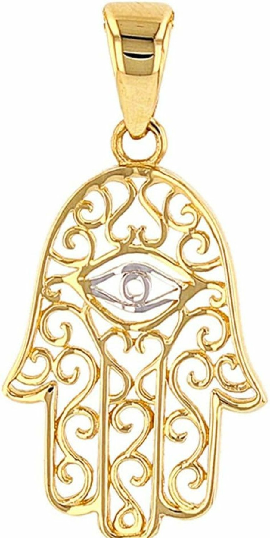 New Jewelry America Jewelry America Solid 14K Gold Filigree Hamsa Hand Of Fatima With Evil Eye Charm Pendant