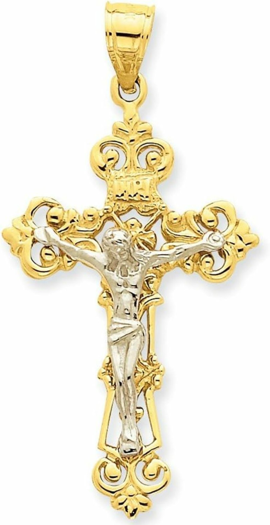 Best Diamond2Deal Diamond2Deal 14K White And Yellow Gold Inri Fleur De Lis Crucifix Pendant Fine Jewelry For Women (L- 47 Mm W- 23 Mm)