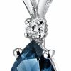 New PEORA Peora London Blue Topaz With Diamond Pendant For Women 14K White Gold, Natural Gemstone Birthstone Teardrop Solitaire, Pear Shape, 10X7Mm, 2 Carats Total