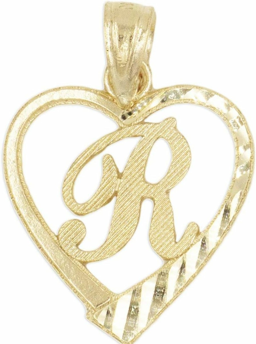 Clearance Ice on Fire Jewelry Ice On Fire Jewelry 10K Solid Gold Initial Pendant In Heart Frame With Diamond Cut Finish, Available In Different Letters Of Alphabet Personalized Charm For Women (R)