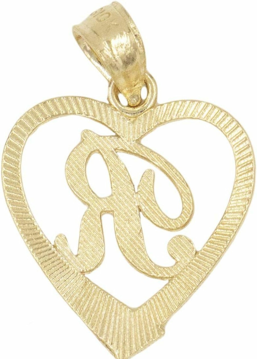 Clearance Ice on Fire Jewelry Ice On Fire Jewelry 10K Solid Gold Initial Pendant In Heart Frame With Diamond Cut Finish, Available In Different Letters Of Alphabet Personalized Charm For Women (R)