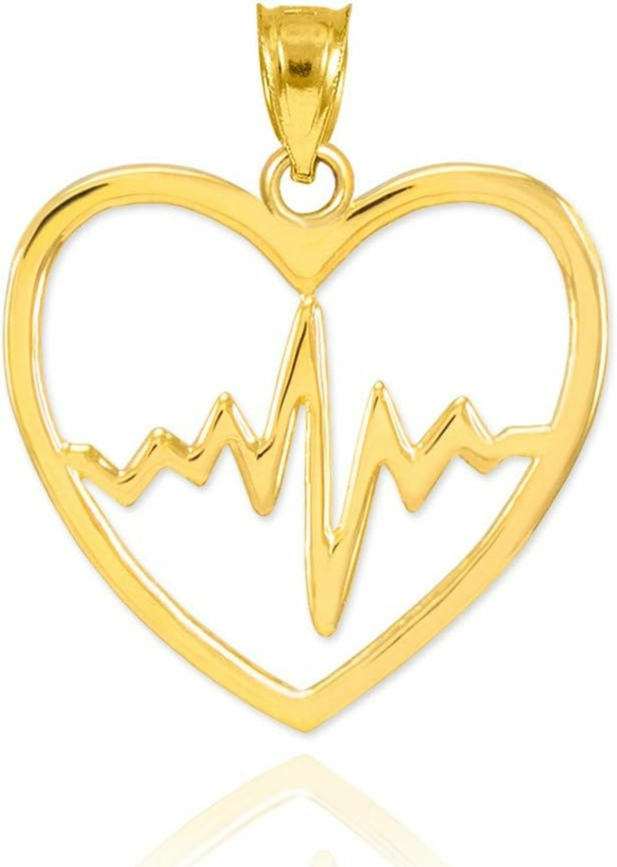 New Claddagh Gold 14K Yellow Gold Lifeline Pulse Heartbeat Open Heart Charm Pendant