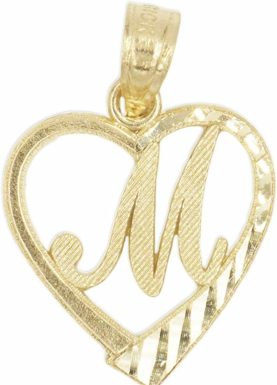 New Ice on Fire Jewelry Ice On Fire Jewelry 10K Solid Gold Initial Pendant In Heart Frame With Diamond Cut Finish, Available In Different Letters Of Alphabet Personalized Charm For Women (M)