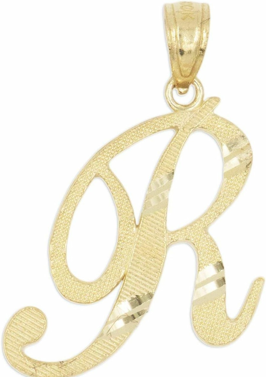 Hot Ice on Fire Jewelry Ice On Fire Jewelry 14K Solid Real Gold Cursive Initial Pendant, English Alpahbet A-Z Letter Charm With Diamond Cut (R)