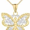 New Animal Kingdom Animal Kingdom Two Tone 10K White And Yellow Gold 3/4\" Openwork Filigree Milgrain Sparkle Cut Butterfly Charm Pendant Necklace - Choice Of Chain Length