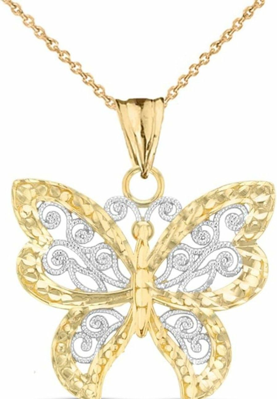 New Animal Kingdom Animal Kingdom Two Tone 10K White And Yellow Gold 3/4\" Openwork Filigree Milgrain Sparkle Cut Butterfly Charm Pendant Necklace - Choice Of Chain Length