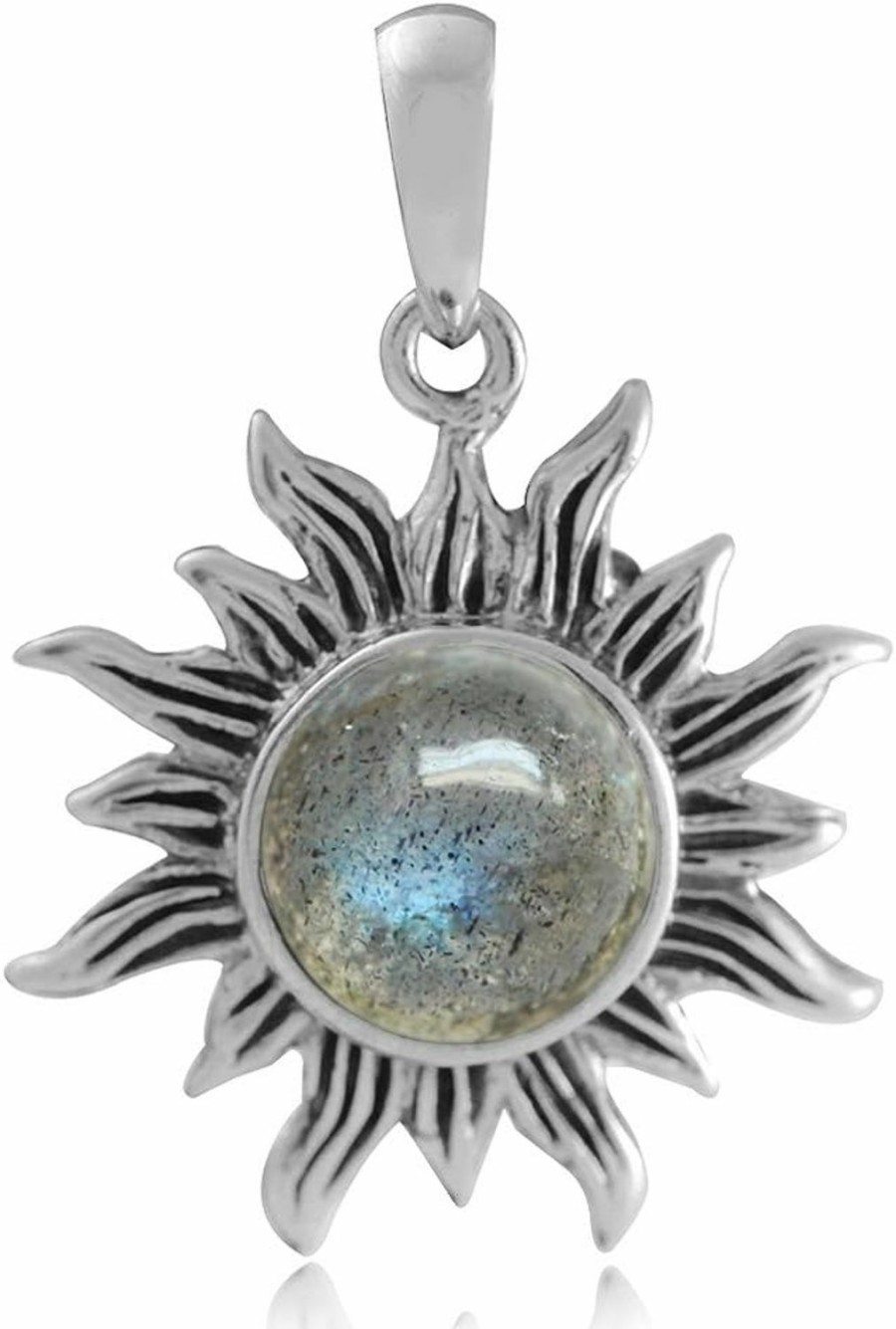 Clearance Silvershake Silvershake 8Mm Cabochon Gemstone 925 Sterling Silver Sun Ray Inspired Solitaire Pendant