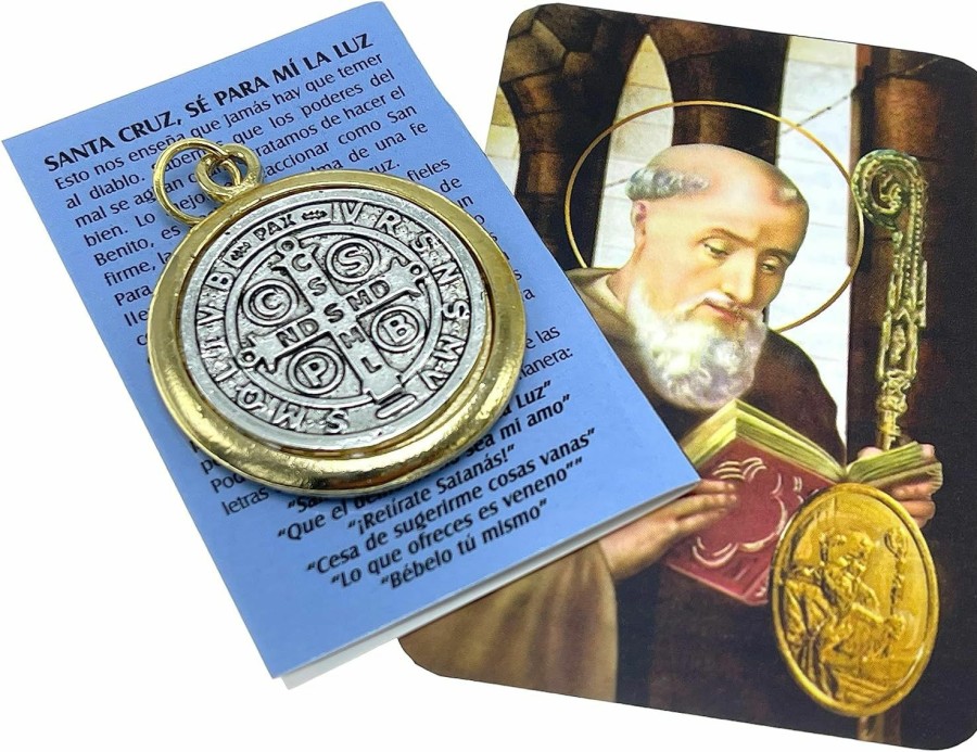 Wholesale Artist Unknown Hand Made St Benedict Jubilee Exorcism Medal 1.5 Inch Two Tone With Prayer Card/Mrt/Medal Pendant/Medalla De San Benito En Dos Tonos Con Tarjetita De Oracion