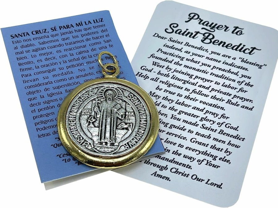 Wholesale Artist Unknown Hand Made St Benedict Jubilee Exorcism Medal 1.5 Inch Two Tone With Prayer Card/Mrt/Medal Pendant/Medalla De San Benito En Dos Tonos Con Tarjetita De Oracion