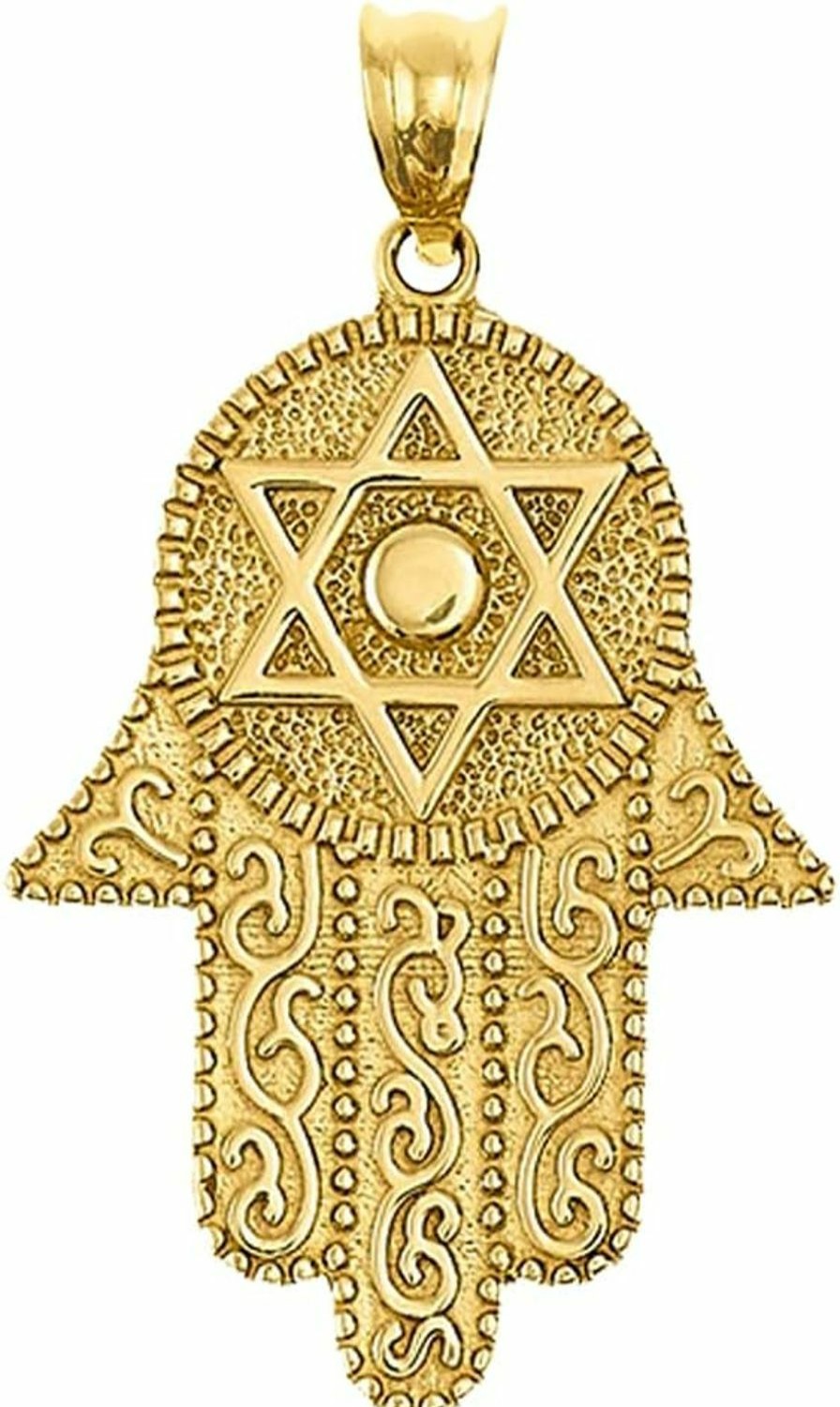 Clearance Jewelry America 14K Solid Yellow Gold Hamsa Hand With Star Of David Pendant