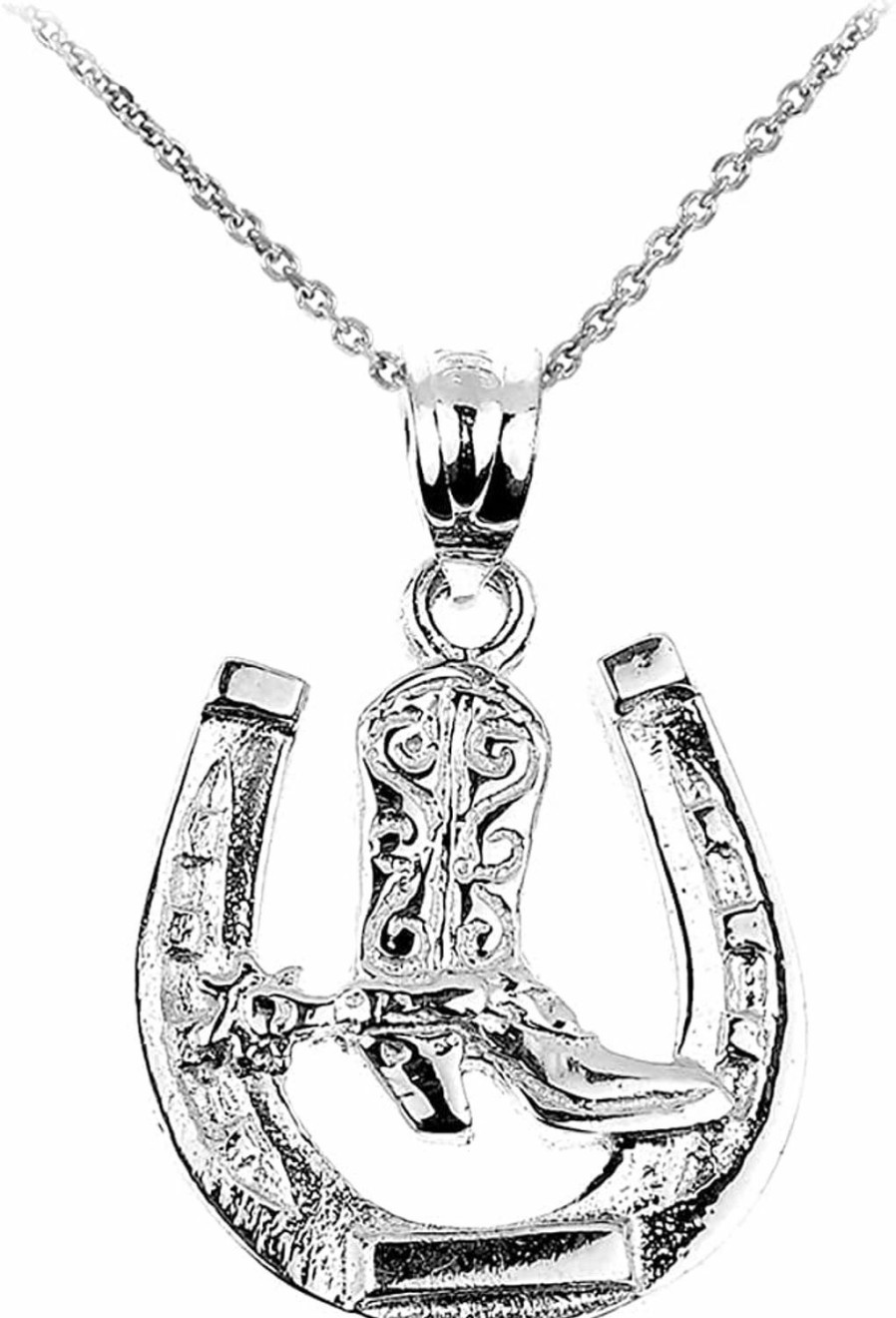 Hot Claddagh Gold Claddagh Gold .925 Sterling Silver Lucky Horseshoe With Cowboy Boot Charm Pendant Necklace - Choice Of Pendant Only Or Chain Length