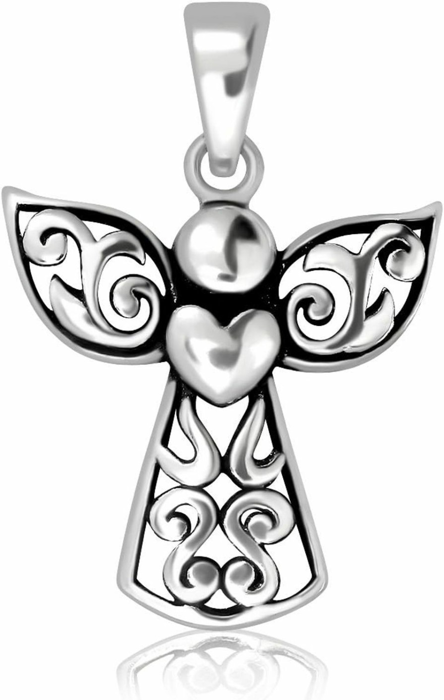 Wholesale W | S WITHLOVE SILVER Withlovesilver 925 Sterling Silver Bali Filigree Cross Guardian Angel Holding Heart Wing Pendant