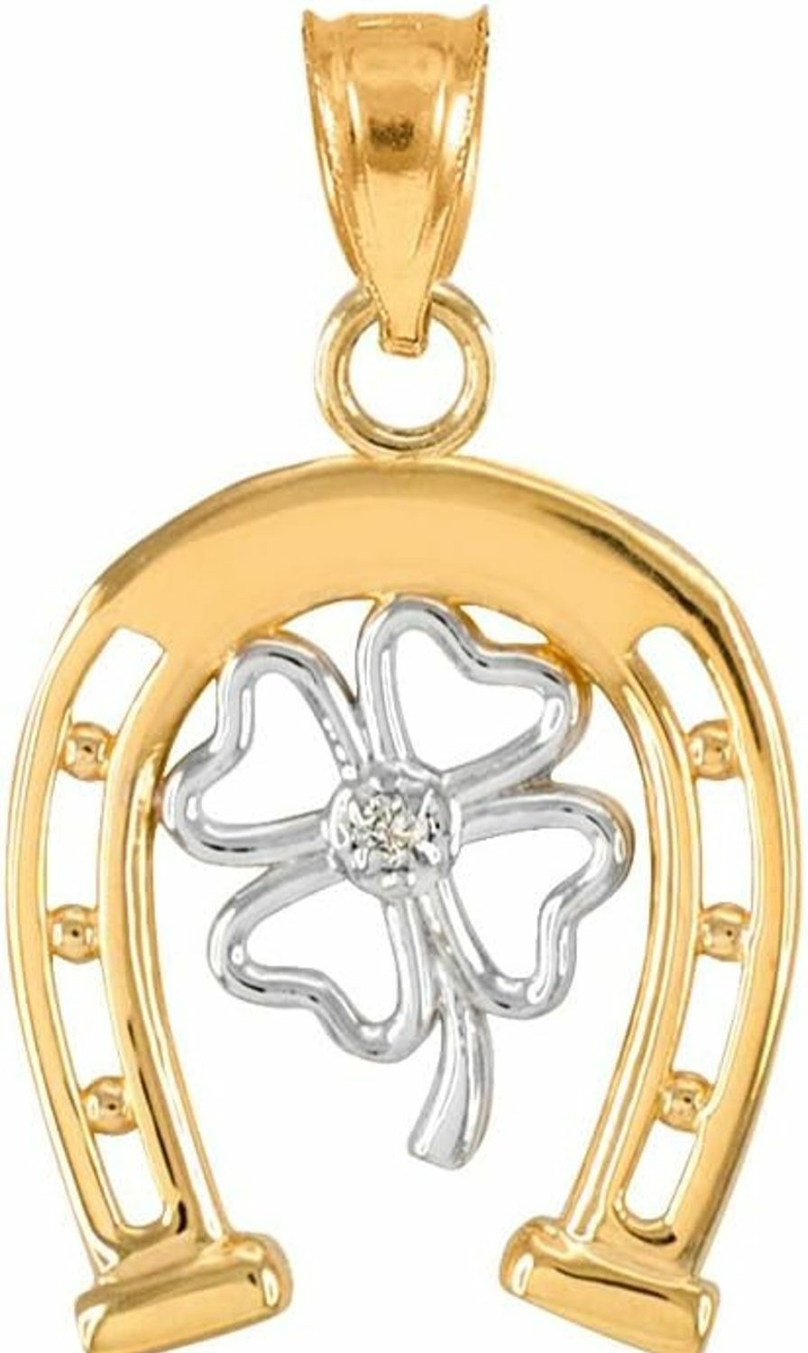 Best Claddagh Gold 10K Two-Tone Gold Lucky Horseshoe With Irish 4-Leaf Clover 0.007 Carats Diamond Pendant